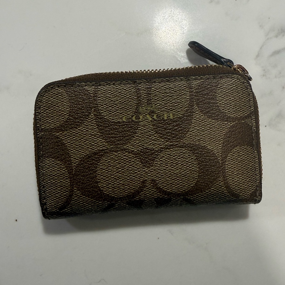 Coach Tan and Brown Signature small zip around Wallet